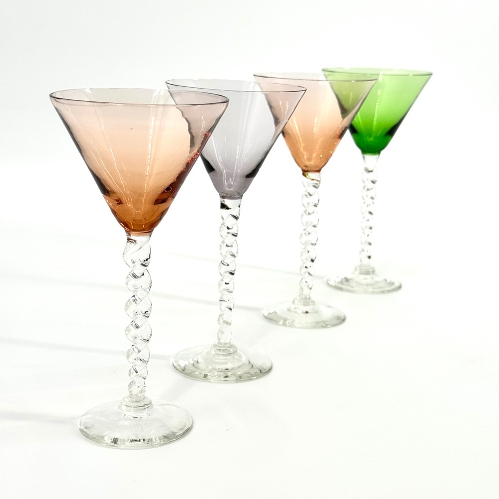 VTG Colorful Set-of-4 Blown Glass Twisted Stem Martini Glasses